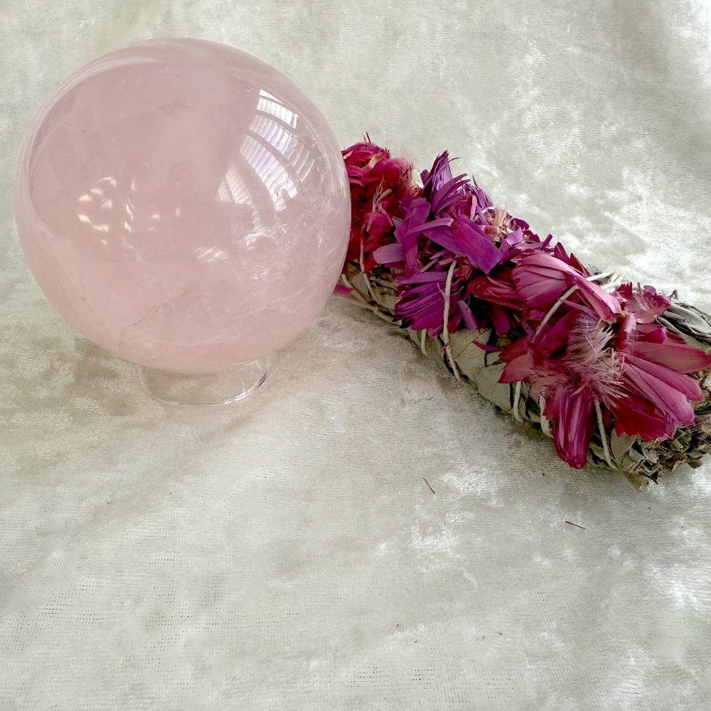 Rose Quartz Sphere with Sage Smudge Stick - 3 inches